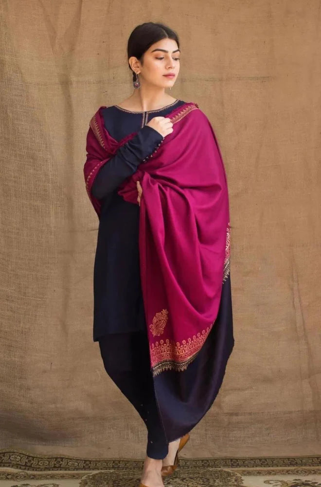 3 Piece Unstitched Heavy Embroidered Dhanak Suit With Digital Printed Woolen Shawl